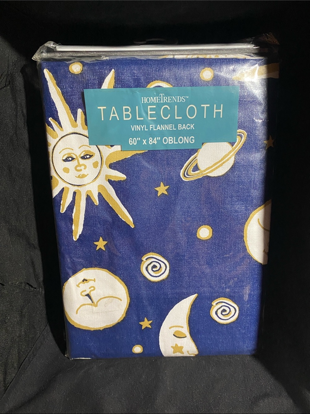 Vtg HomeTrends Celestial Sun Moon Stars Tablecloth Vinyl Flannel Back 60 Oblong